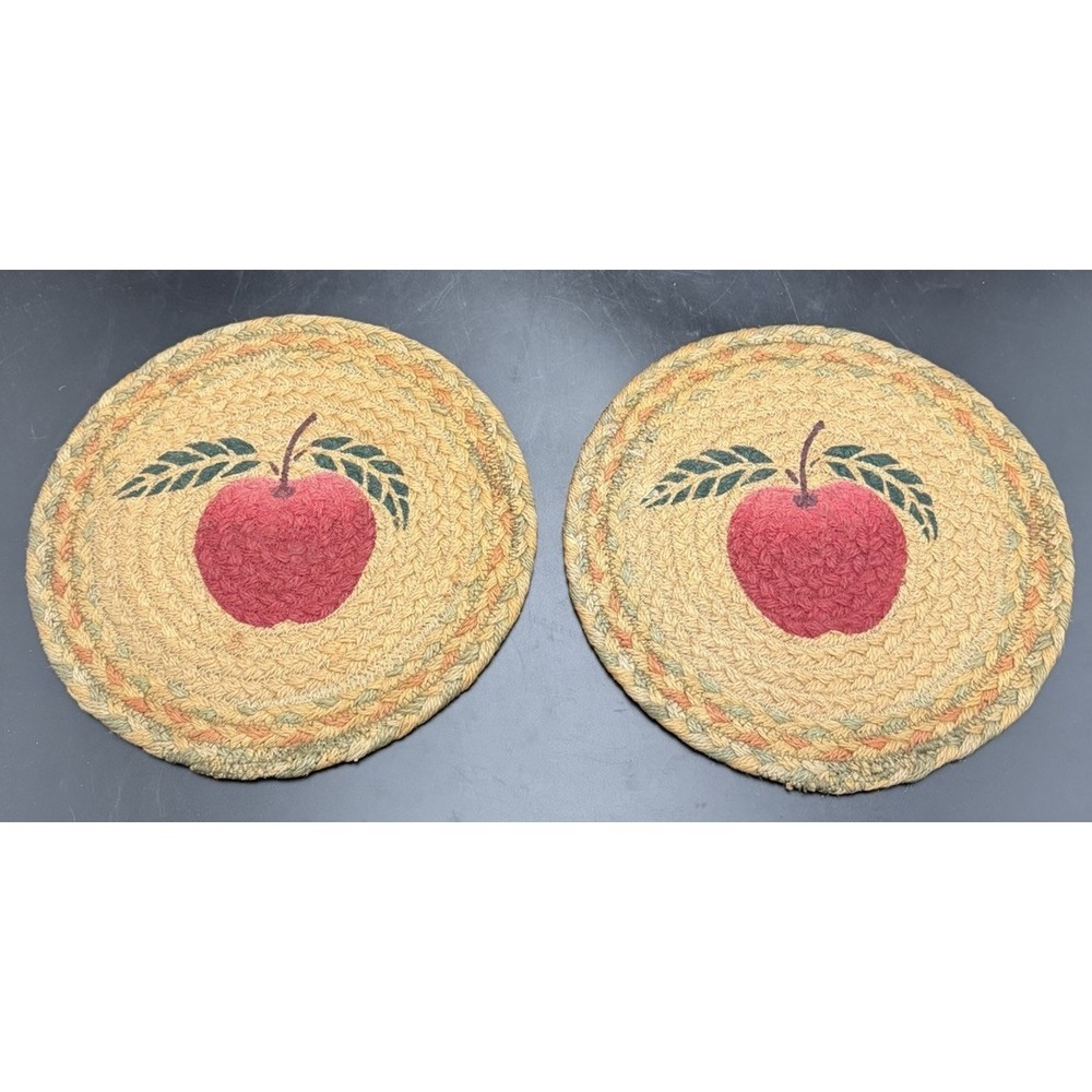Set of 2 Apple Braided Round Placemats 10" Primitive Country Farmhouse Decor